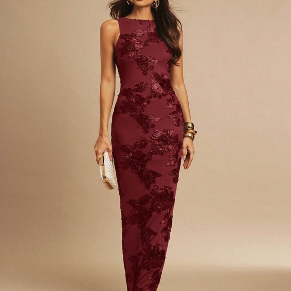 Burgundy Elegant Women's 3d Floral Fitted Minimalist Sexy Christmas Maxi  Dress